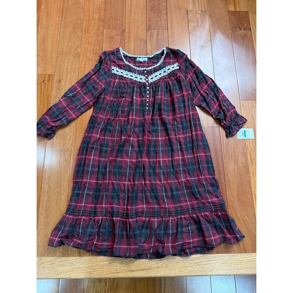 NWT Eileen West Nightgown Womens L Red Black Plaid Lace Trim Cotton Blend NWT L - Picture 3 of 12